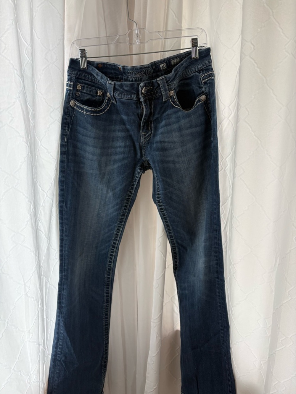 Miss Me Dark Indigo Bootcut Jeans with Faded Whiskering